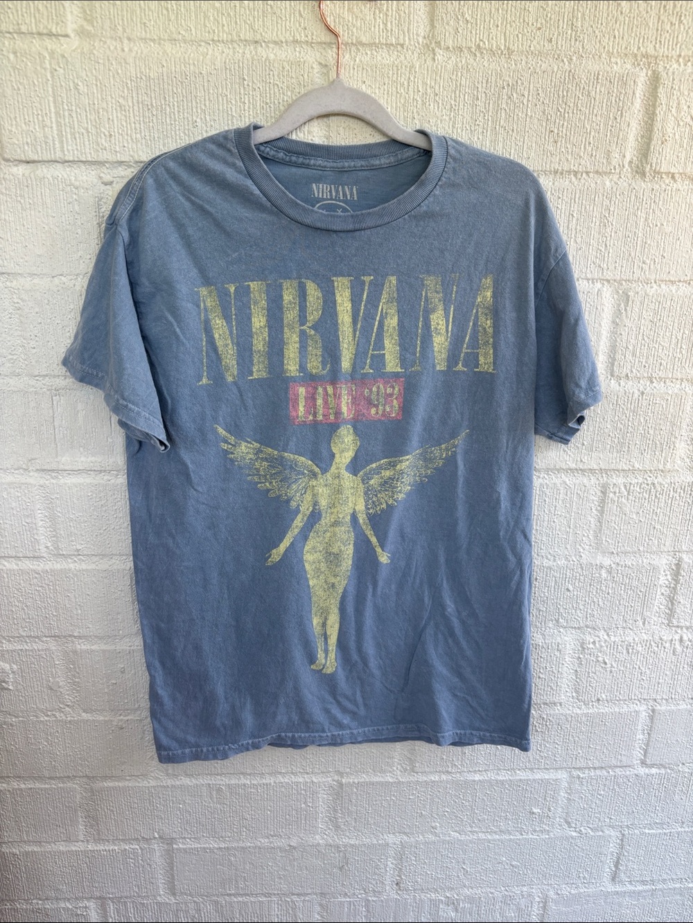NIRVANA 93' Blue Short-Sleeve Tee with Yellow Angel Graphic sz M